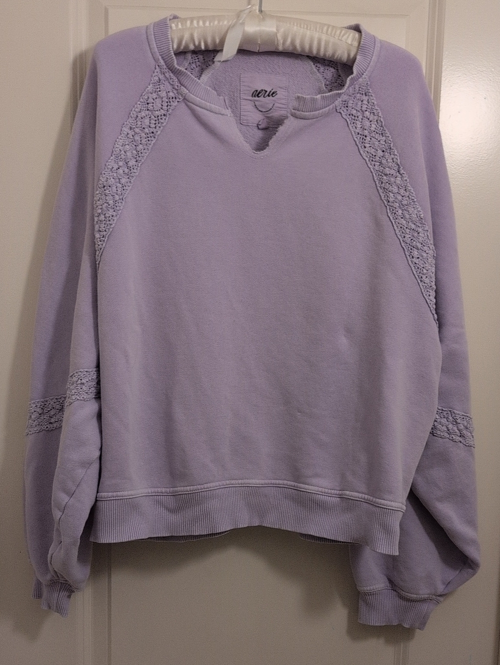 Aerie Sweatshirt With Crochet Lace Features, Split Neck, Lavender Lilac, Large